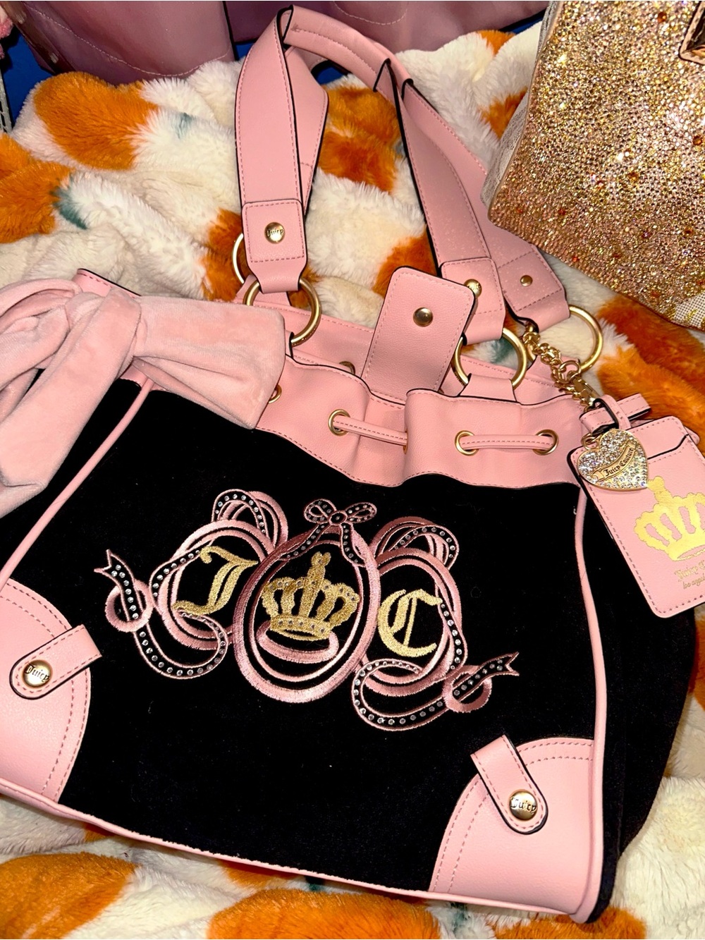 Juicy Couture Black and Pink Embroidered Crest Tote with Gold Accents